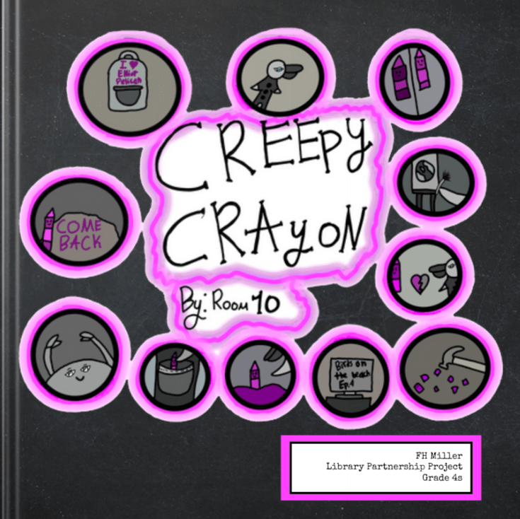 Creative cover of 'Creepy Crayon' by Room 10, showing hand-drawn circular illustrations with a neon purple glow around them, showcasing elements of the story. A student project utilizing Book Creator for visual storytelling.